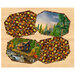 Four panel placemats in outdoor themed fabrics on a wooden tabletop background.