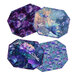 Four panel placemats in purple floral and dragonfly themed fabrics isolated on a white background. 
