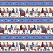 blue and white border print with alternating stripes of stars and patriotic themed gnomes with florals.