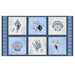 dark navy panel fabric featuring blue and white squares filled with seashells, coral, and cursive script with a seashell border.