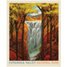Fabric panel with a park poster design for Cuyahoga Valley National Park depicting a waterfall scene with a fall forest. 
