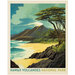 Fabric panel with a park poster design for Hawaii Volcanoes National Park depicting a scene of lava flowing into the tropical ocean.