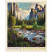 Fabric panel with a park poster design for Yosemite National Park depicting a scene of a mountain river valley.