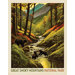Fabric panel with a park poster design for Great Smoky Mountains National Park depicting a scene of bears in a river valley. 