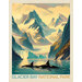 Fabric panel with a park poster design for Glacier Bay National Park depicting a scene of orcas with the mountains and glacier in the background.