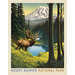 Fabric panel with a park poster design for Mount Rainier National Park depicting a scene of a lake with the mountain in the background.