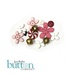 Assorted flower-shaped decorative buttons in pink, white, burgundy, and gold on white background.