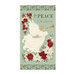 Cool sage panel with a graceful angel with a golden trumpet next to large bunches of cream and red florals and pomegranates.