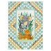 The completed Safari Snuggles Panel Quilt, colored in aqua, orange, white, and green fabrics, isolated on a white background. 