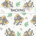 A white swatch of fabric with tossed gray elephants, hearts, and green leaves; a transparent banner at the top reads "Backing." 