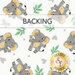 A white swatch of fabric with tossed gray elephants, hearts, and green leaves; a transparent banner at the top reads "Backing." 