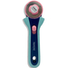 Teal, blue, and pink rotary cutter with a circular blade and safety lock, designed for precise cutting.