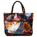 The completed Playing with Panels Market Tote, colored in orange, magenta, cyan, and black fabrics from the Calico Cat collection by Timeless Treasures, isolated on a white background. 