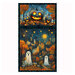 Textured lagoon blue panel fabric with two spooky blocks of bright jack-o'-lanterns in an orange autumnal field and two ghosts in front of a large town.