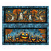 Textured cobalt blue panel fabric with two rectangular blocks of ghosts in front of a haunted village, and jack-o'-lanterns on autumnal leaves.