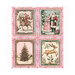 Mottled pink panel fabric with four panels of festive motifs like Santa Claus riding a reindeer, Santa and Mrs. Claus in a wintry scene, a Christmas tree, and a reindeer next to mistletoe.