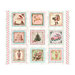 Mottled cream panel fabric with nine blocks of Christmas motifs like Santa Claus, a Christmas tree, elves, and more.