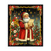 Black panel fabric with a scene of floral Christmas trees behind a singing Santa framed by gold ribbons and florals. 