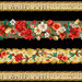 Closeup of the black border stripe fabric with a repeat of red floral bunches, music measures, and floral vines.