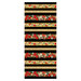 Black border stripe fabric with a repeat of red floral bunches, music measures, and floral vines.