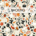 Swatch of cream fabric with a tossed pattern of various Halloween motifs, like black cats, candles, orange pumpkins, ghosts, and trees. a transparent banner at the top reads "Backing." 
