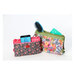Two floral Foldilocks zippered wallets shown holding a smartphone, hairbrush, and other everyday essentials.