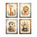 White panel with four earth-toned boxes of illustrated safari animals in front of botanicals.