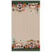 Selvage to selvage border print featuring Christmas scenes of squirrels at home along the edges with red, white, and green stripes through the center.