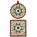 The two completed Folded Star Hot Pads colored in red, cream, and mint green fabrics from the Evergreen Wishes collection by Riley Blake Designs, isolated on a white background.