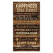 Wood textured panel featuring dog-themed phrases and pawprints.