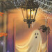 an 8x8 swatch of the panel featuring a ghost looking out the door window at a spider dangling from a web and a ornate lamp outside.