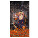 Black fabric panel featuring a haunted house with leaves on the ground, a black cat, spider webs, and a ghost in the window.