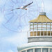 an 8x8 swatch of the panel featuring a seagull flying by the top of a lighthouse with a shadowed compass outline in the sky