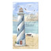nautical panel featuring a lighthouse by the ocean, seagulls, a boat, and a shadowed compass graphic.