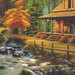 an 8x8 swatch of the panel featuring the front porch of a log cabin in the woods next to a running stream.