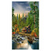 Fabric panel featuring a woodland scene of a cabin by a lake, surrounded by tall pines.