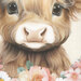 an 8x8 swatch of the panel featuring a close up of the baby highland cow with florals below