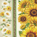 an 8x8 swatch of the panel featuring sunflowers, a row of bees on a wood texture background, and yellow and white daisies.