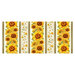 cream border print featuring rows of golden sunflowers, yellow and white daisies, and bees with a wood texture background.