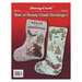 Back cover of the cross stitch pattern with the finished stockings on a red background.