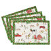 The four completed Self-Binding Placemats, fanned out and colored in red, green, and white fabrics from the Barnyard Christmas collection by Northcott Fabrics, isolated on a white background. 