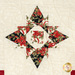 A head-on close up of a patchwork star, showing details fabric colors, prints, and top quilting details.