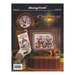 Back cover of the cross stitch pattern with the finished projects staged on a decorated background.