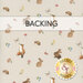 Taupe swatch of fabric featuring tossed woodland animals, mushrooms, and flowers; a transparent banner at the top reads "Backing." 