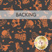 Soft black swatch of fabric with tossed orange Halloween motifs like bats, pumpkins on a fence, owls, cauldrons, and cats; a transparent banner at the top reads "Backing." 
