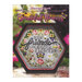 Cover of the Beautiful Flowers pattern with the finished pattern in a hexagonal frame isolated on a log in front of a floral background.