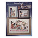 Back cover of the cross stitch pattern with the finished projects staged on a blue background.