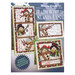 Front cover of the cross stitch pattern with the finished projects staged on a snowflake background.