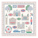 Patchwork quilt with British landmarks, Union Jacks, trees, ferris wheel, and a car.