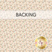 Cream swatch of fabric with tossed interlocking circles in black and orange; a transparent banner at the top reads "Backing." 